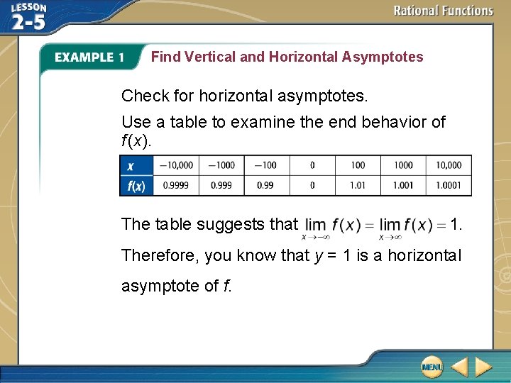 Find Vertical and Horizontal Asymptotes Check for horizontal asymptotes. Use a table to examine