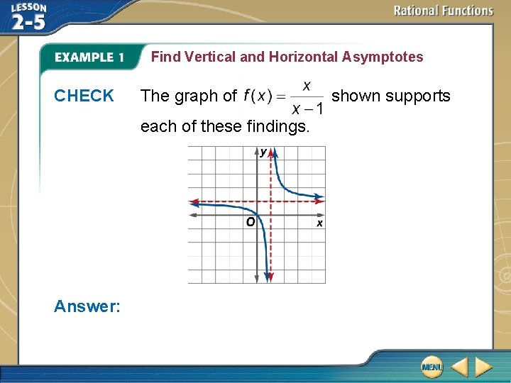 Find Vertical and Horizontal Asymptotes CHECK The graph of each of these findings. Answer: