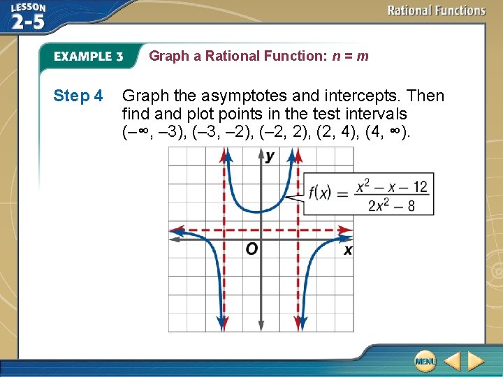 Graph a Rational Function: n = m Step 4 Graph the asymptotes and intercepts.
