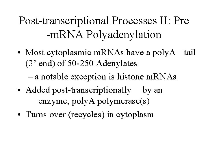 Post-transcriptional Processes II: Pre -m. RNA Polyadenylation • Most cytoplasmic m. RNAs have a