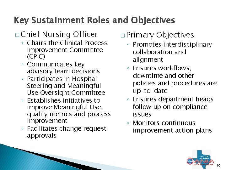 Key Sustainment Roles and Objectives � Chief Nursing Officer ◦ Chairs the Clinical Process