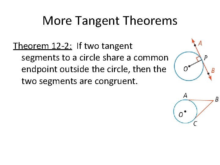 More Tangent Theorems Theorem 12 -2: If two tangent segments to a circle share