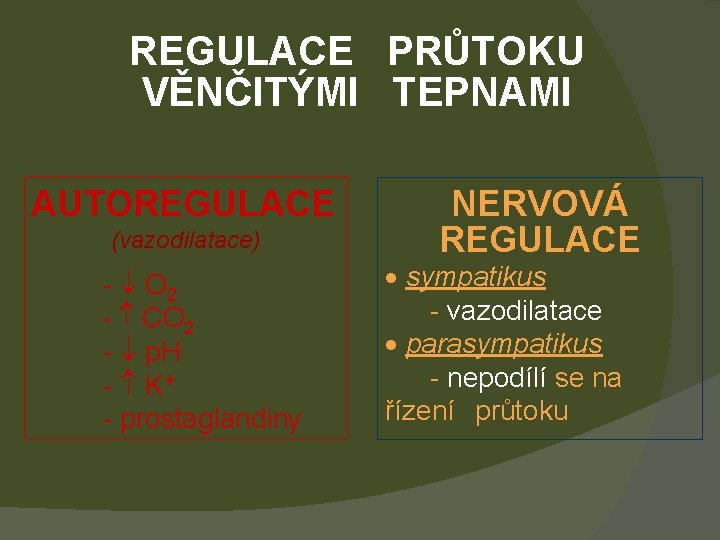 REGULACE PRŮTOKU VĚNČITÝMI TEPNAMI AUTOREGULACE (vazodilatace) - O 2 - CO 2 - p.