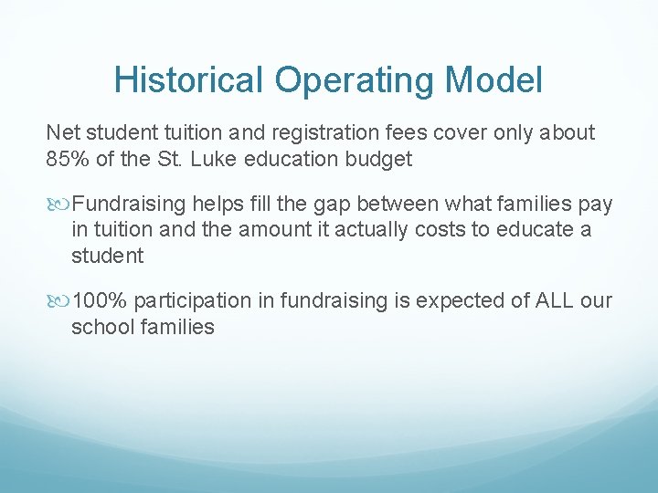 Historical Operating Model Net student tuition and registration fees cover only about 85% of
