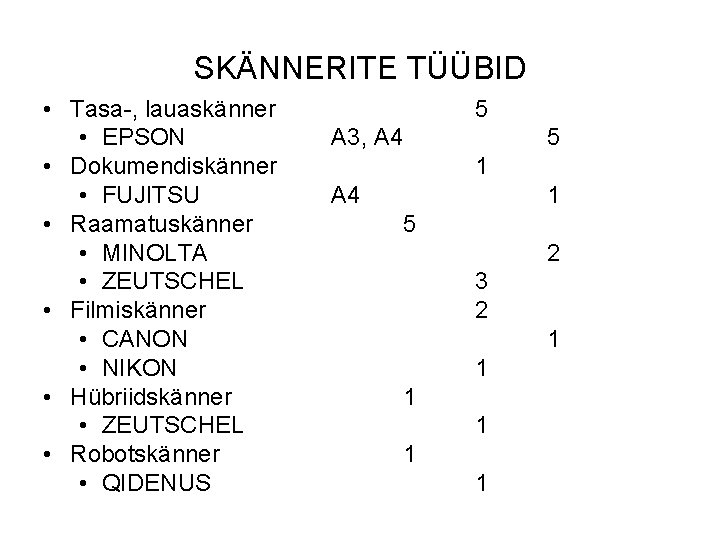 SKÄNNERITE TÜÜBID • Tasa-, lauaskänner • EPSON • Dokumendiskänner • FUJITSU • Raamatuskänner •