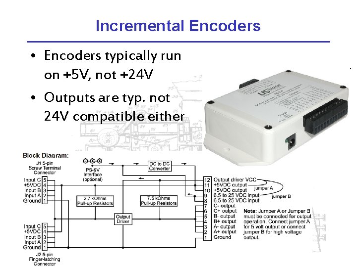 Incremental Encoders • Encoders typically run on +5 V, not +24 V • Outputs