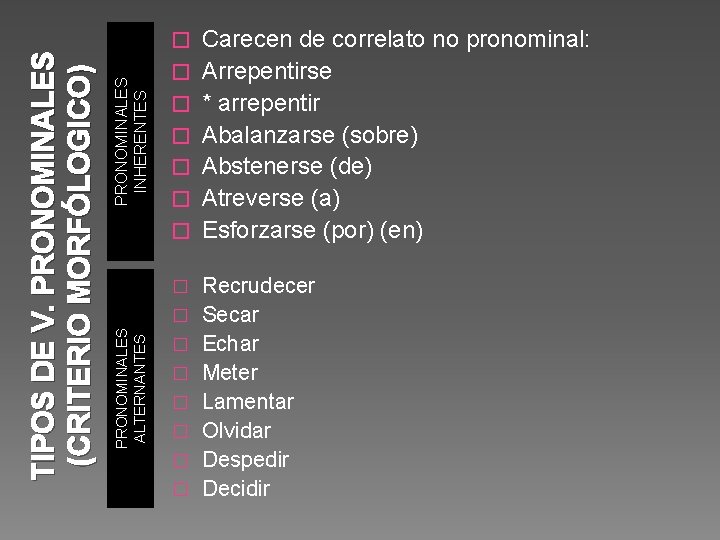 PRONOMINALES INHERENTES � � � � PRONOMINALES ALTERNANTES TIPOS DE V. PRONOMINALES (CRITERIO MORFÓLOGICO)