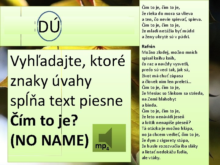 NEODÚVAJTE SA! Vyhľadajte, ktoré znaky úvahy spĺňa text piesne Čím to je? (NO NAME)