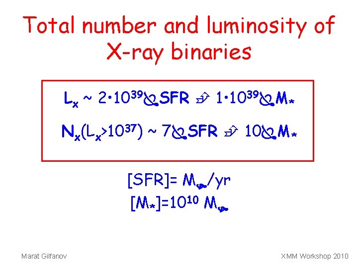 Total number and luminosity of X-ray binaries Lx ~ 2 • 1039 SFR 1