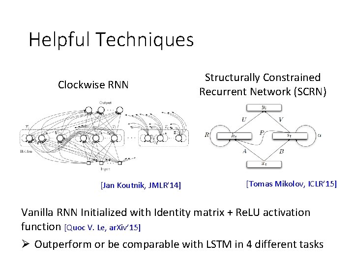 Helpful Techniques Clockwise RNN [Jan Koutnik, JMLR’ 14] Structurally Constrained Recurrent Network (SCRN) [Tomas