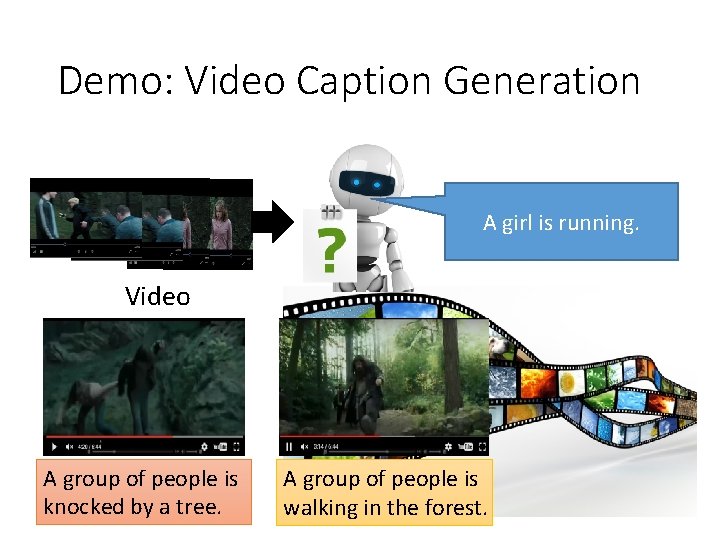 Demo: Video Caption Generation A girl is running. Video A group of people is