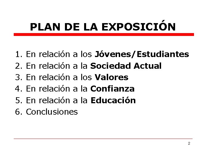 PLAN DE LA EXPOSICIÓN 1. 2. 3. 4. 5. 6. En relación a En