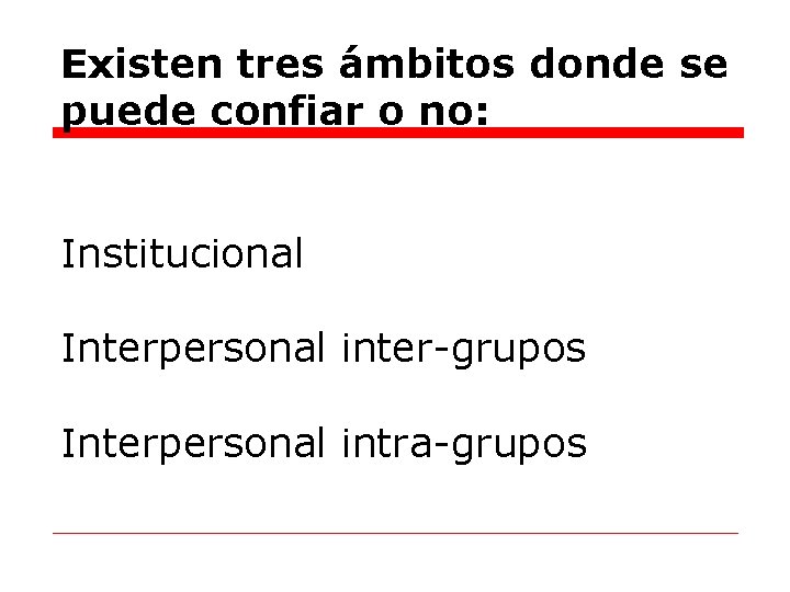 Existen tres ámbitos donde se puede confiar o no: Institucional Interpersonal inter-grupos Interpersonal intra-grupos