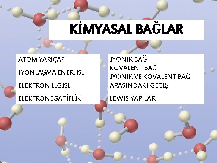 KİMYASAL BAĞLAR ELEKTRON İLGİSİ İYONİK BAĞ KOVALENT BAĞ İYONİK VE KOVALENT BAĞ ARASINDAKİ GEÇİŞ