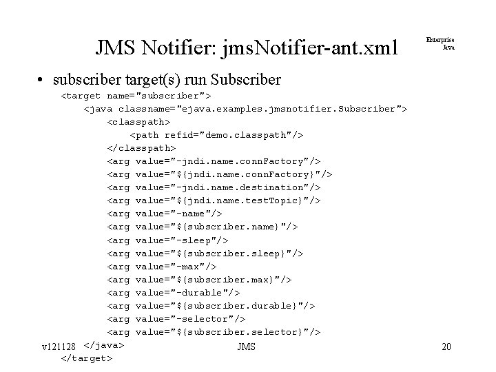 JMS Notifier: jms. Notifier-ant. xml Enterprise Java • subscriber target(s) run Subscriber <target name="subscriber">