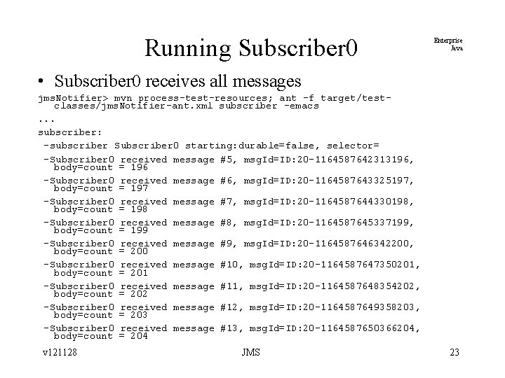 Running Subscriber 0 Enterprise Java • Subscriber 0 receives all messages jms. Notifier> mvn