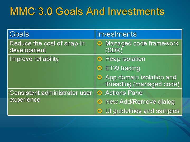 MMC 3. 0 Goals And Investments Goals Investments ¢ Managed code framework (SDK) ¢