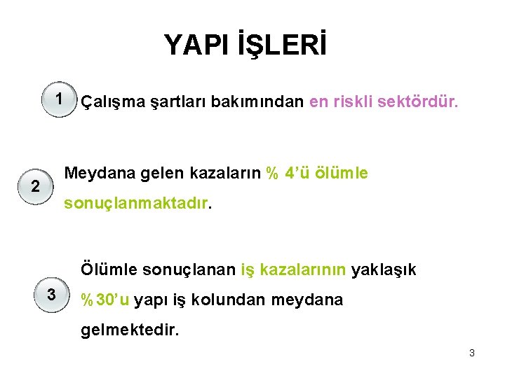 YAPI İŞLERİ 1 Çalışma şartları bakımından en riskli sektördür. Meydana gelen kazaların % 4’ü