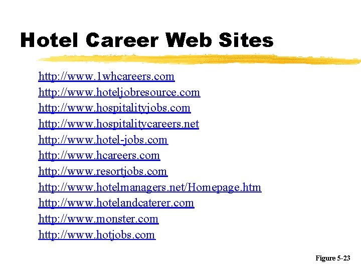 Hotel Career Web Sites http: //www. 1 whcareers. com http: //www. hoteljobresource. com http: