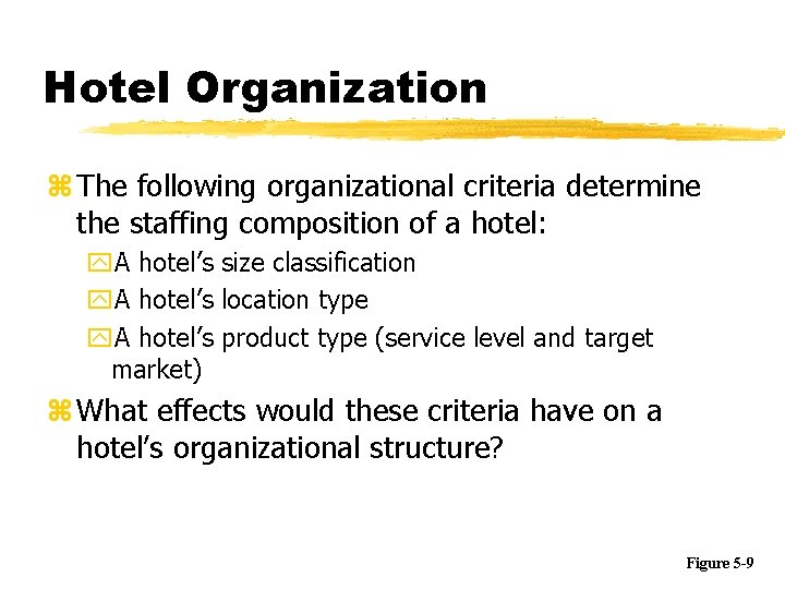 Hotel Organization z The following organizational criteria determine the staffing composition of a hotel: