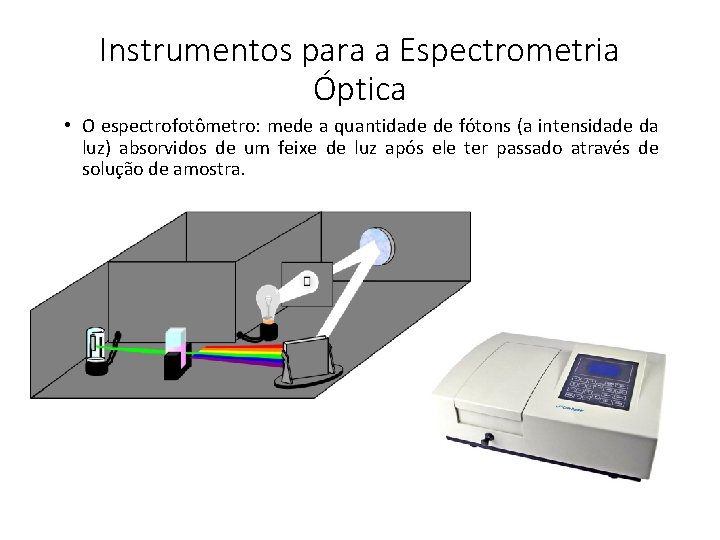 Instrumentos para a Espectrometria Óptica • O espectrofotômetro: mede a quantidade de fótons (a