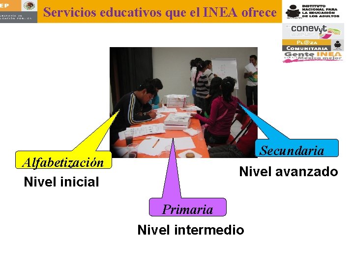 Servicios educativos que el INEA ofrece Alfabetización Nivel inicial Secundaria INEA Nivel avanzado Primaria