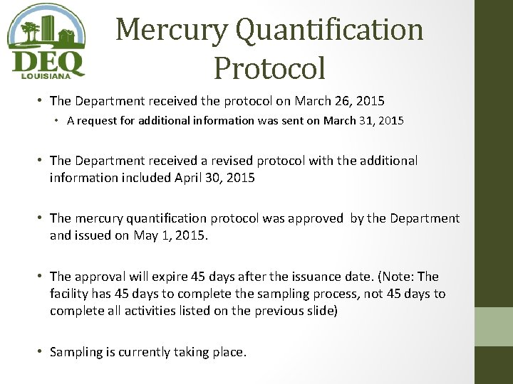 Mercury Quantification Protocol • The Department received the protocol on March 26, 2015 • Mercury Quantification Protocol • The Department received the protocol on March 26, 2015 •