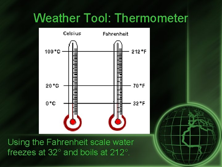 Weather Tool: Thermometer Using the Fahrenheit scale water freezes at 32° and boils at