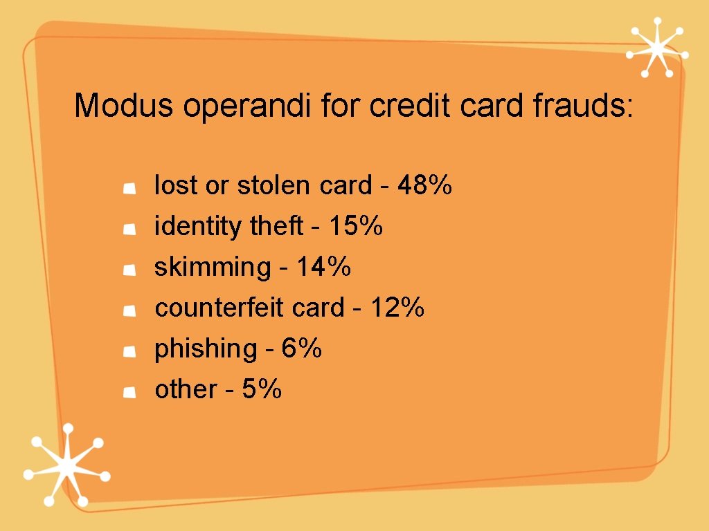 Modus operandi for credit card frauds: lost or stolen card - 48% identity theft