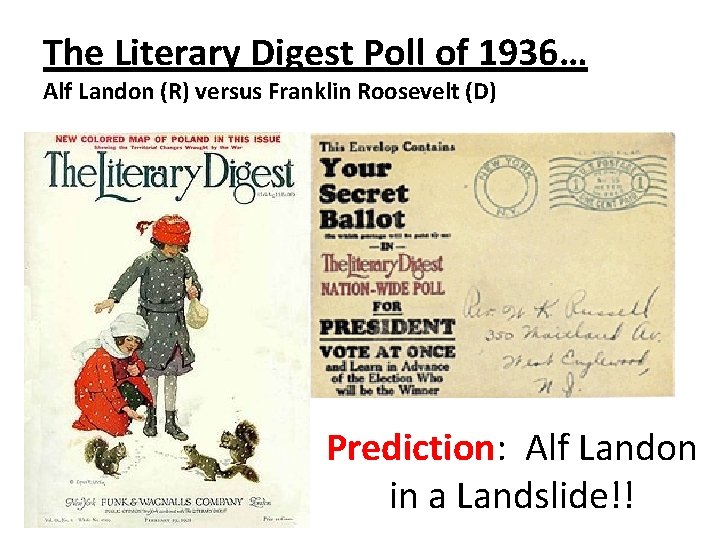 The Literary Digest Poll of 1936… Alf Landon (R) versus Franklin Roosevelt (D) Prediction: