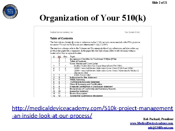 Slide 2 of 21 Organization of Your 510(k) http: //medicaldeviceacademy. com/510 k-project-management -an-inside-look-at-our-process/ Rob