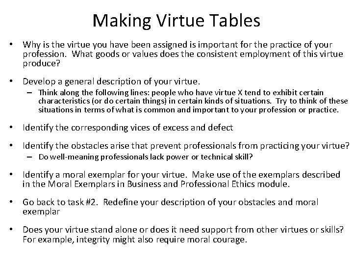 Making Virtue Tables • Why is the virtue you have been assigned is important