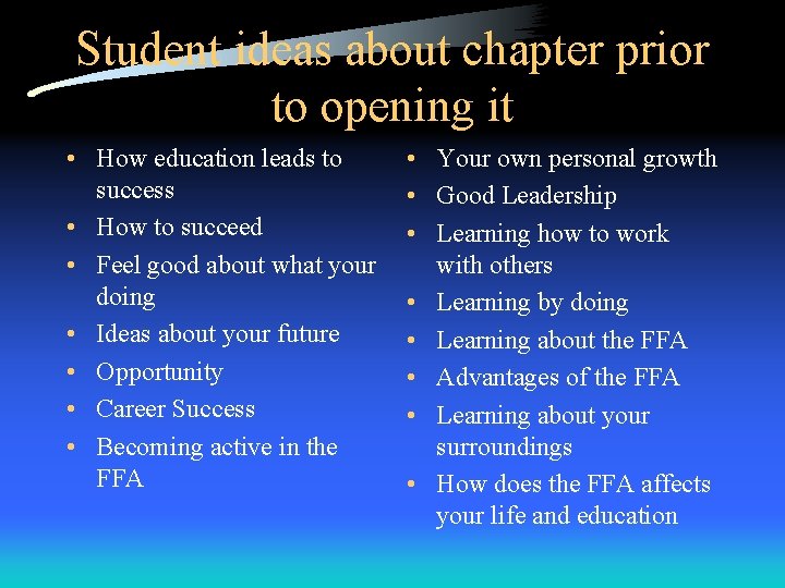 Student ideas about chapter prior to opening it • How education leads to success Student ideas about chapter prior to opening it • How education leads to success