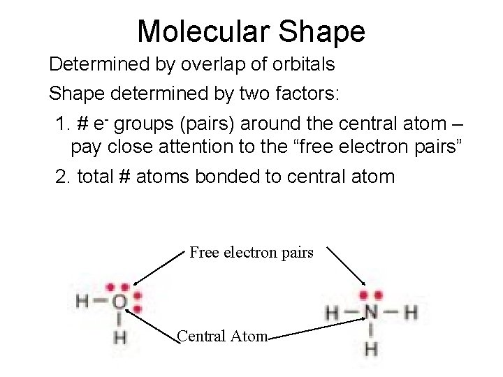 Molecular Shape • Determined by overlap of orbitals • Shape determined by two factors: