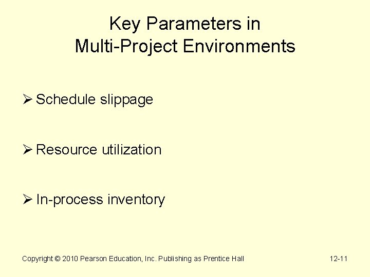 Key Parameters in Multi-Project Environments Ø Schedule slippage Ø Resource utilization Ø In-process inventory Key Parameters in Multi-Project Environments Ø Schedule slippage Ø Resource utilization Ø In-process inventory