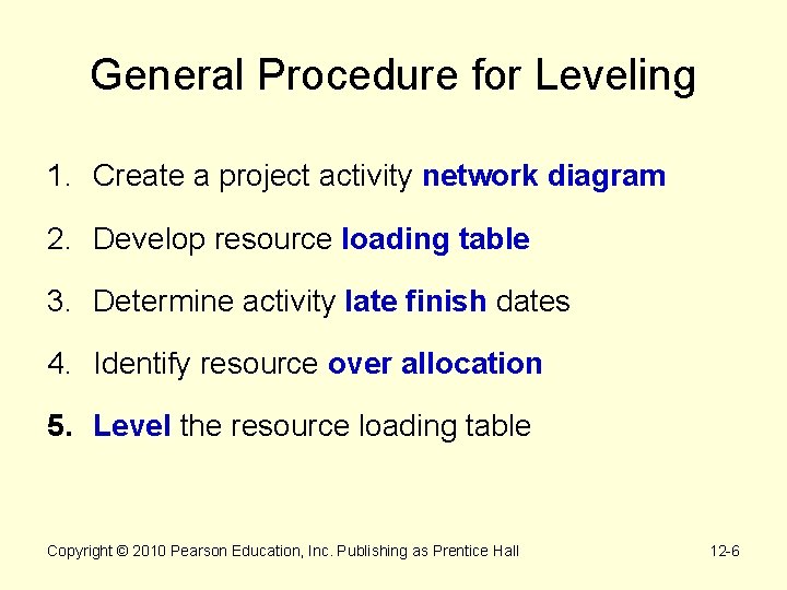 General Procedure for Leveling 1. Create a project activity network diagram 2. Develop resource General Procedure for Leveling 1. Create a project activity network diagram 2. Develop resource