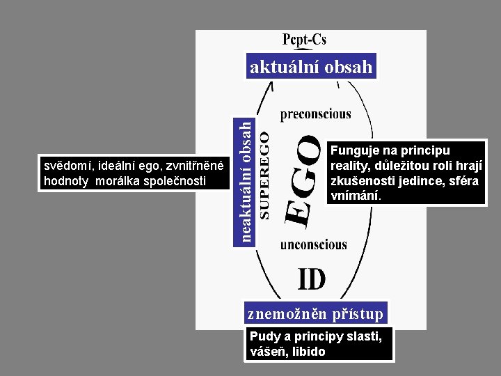 svědomí, ideální ego, zvnitřněné hodnoty morálka společnosti neaktuální obsah Funguje na principu reality, důležitou svědomí, ideální ego, zvnitřněné hodnoty morálka společnosti neaktuální obsah Funguje na principu reality, důležitou