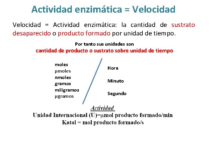 Actividad enzimática = Velocidad = Actividad enzimática: la cantidad de sustrato desaparecido o producto