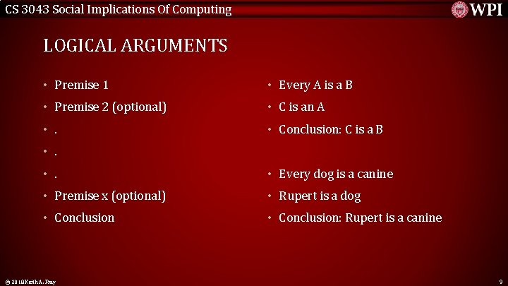 CS 3043 Social Implications Of Computing LOGICAL ARGUMENTS • Premise 1 • Every A
