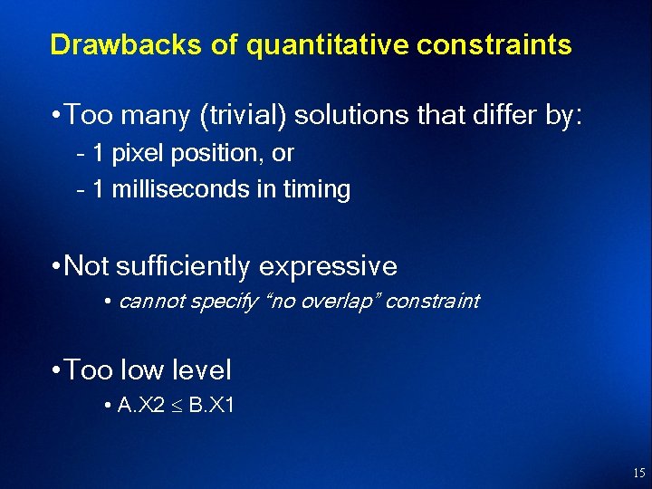 Drawbacks of quantitative constraints • Too many (trivial) solutions that differ by: – 1