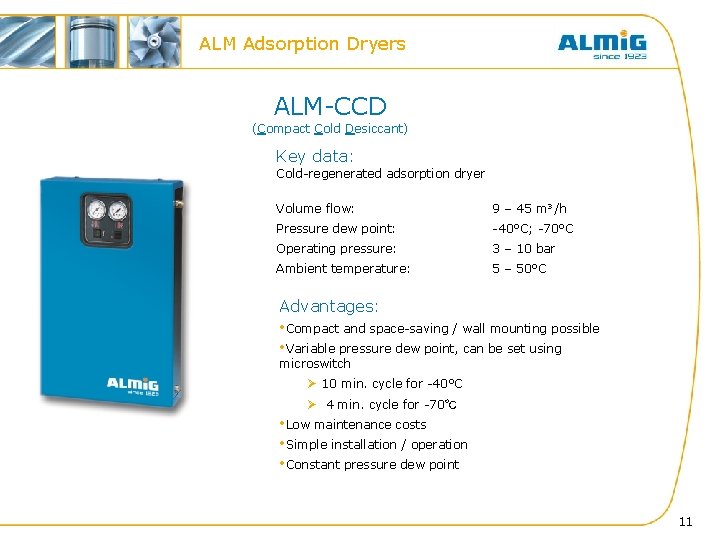 ALM Adsorption Dryers ALM-CCD (Compact Cold Desiccant) Key data: Cold-regenerated adsorption dryer Volume flow:
