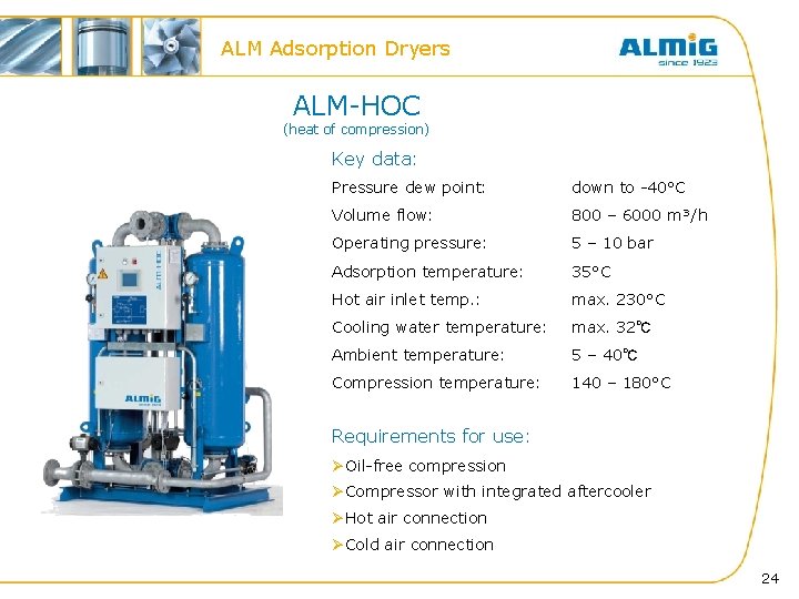 ALM Adsorption Dryers ALM-HOC (heat of compression) Key data: Pressure dew point: down to
