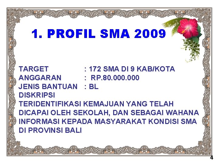 1. PROFIL SMA 2009 TARGET : 172 SMA DI 9 KAB/KOTA ANGGARAN : RP.