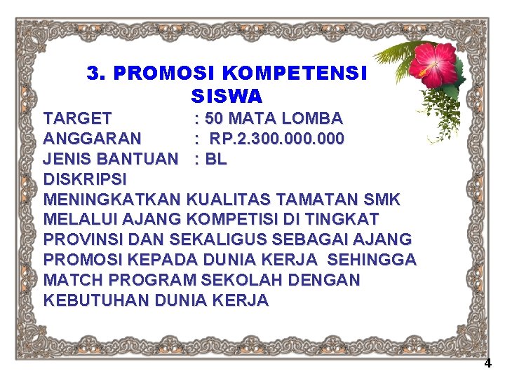 3. PROMOSI KOMPETENSI SISWA TARGET : 50 MATA LOMBA ANGGARAN : RP. 2. 300.