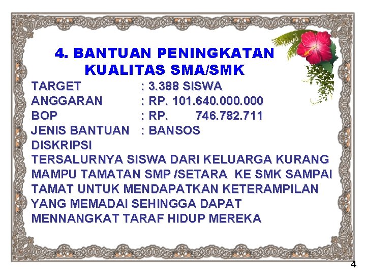 4. BANTUAN PENINGKATAN KUALITAS SMA/SMK TARGET : 3. 388 SISWA ANGGARAN : RP. 101.