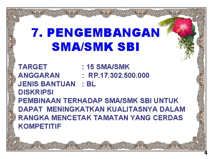 7. PENGEMBANGAN SMA/SMK SBI TARGET : 15 SMA/SMK ANGGARAN : RP. 17. 302. 500.