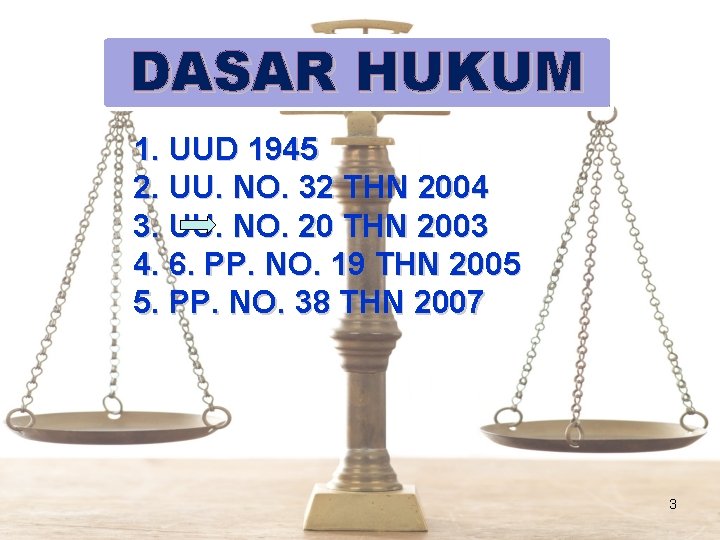 DASAR HUKUM 1. UUD 1945 2. UU. NO. 32 THN 2004 3. UU. NO.