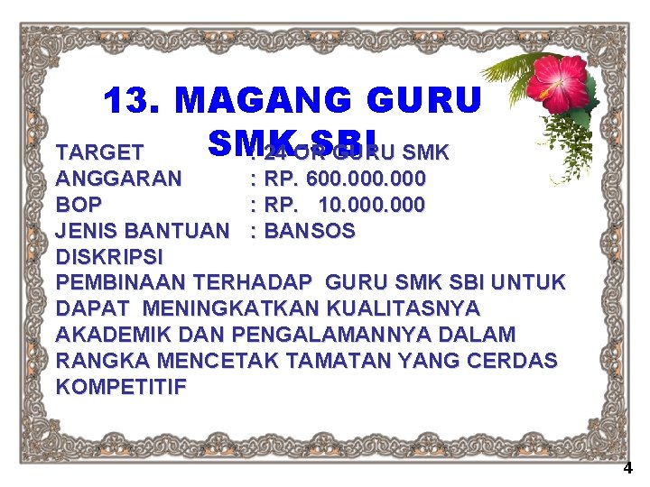 13. MAGANG GURU SMK-SBI TARGET : 24 OR GURU SMK ANGGARAN : RP. 600.