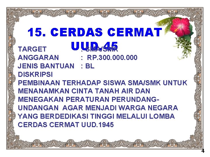 15. CERDAS CERMAT UUD. 45 TARGET : SMA/SMK ANGGARAN : RP. 300. 000 JENIS