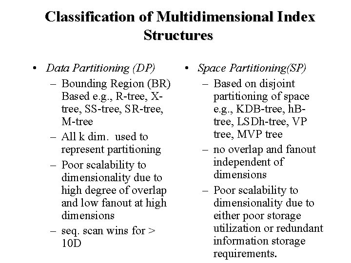 Classification of Multidimensional Index Structures • Data Partitioning (DP) – Bounding Region (BR) Based